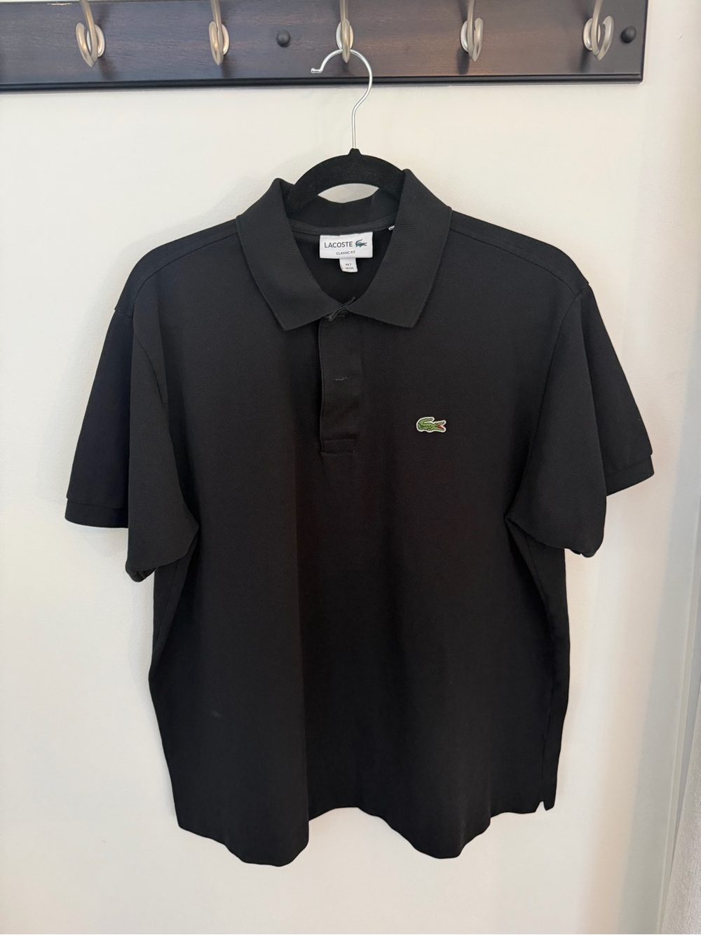 Lacoste Black Short-Sleeve Pique Polo with Green Croc Logo